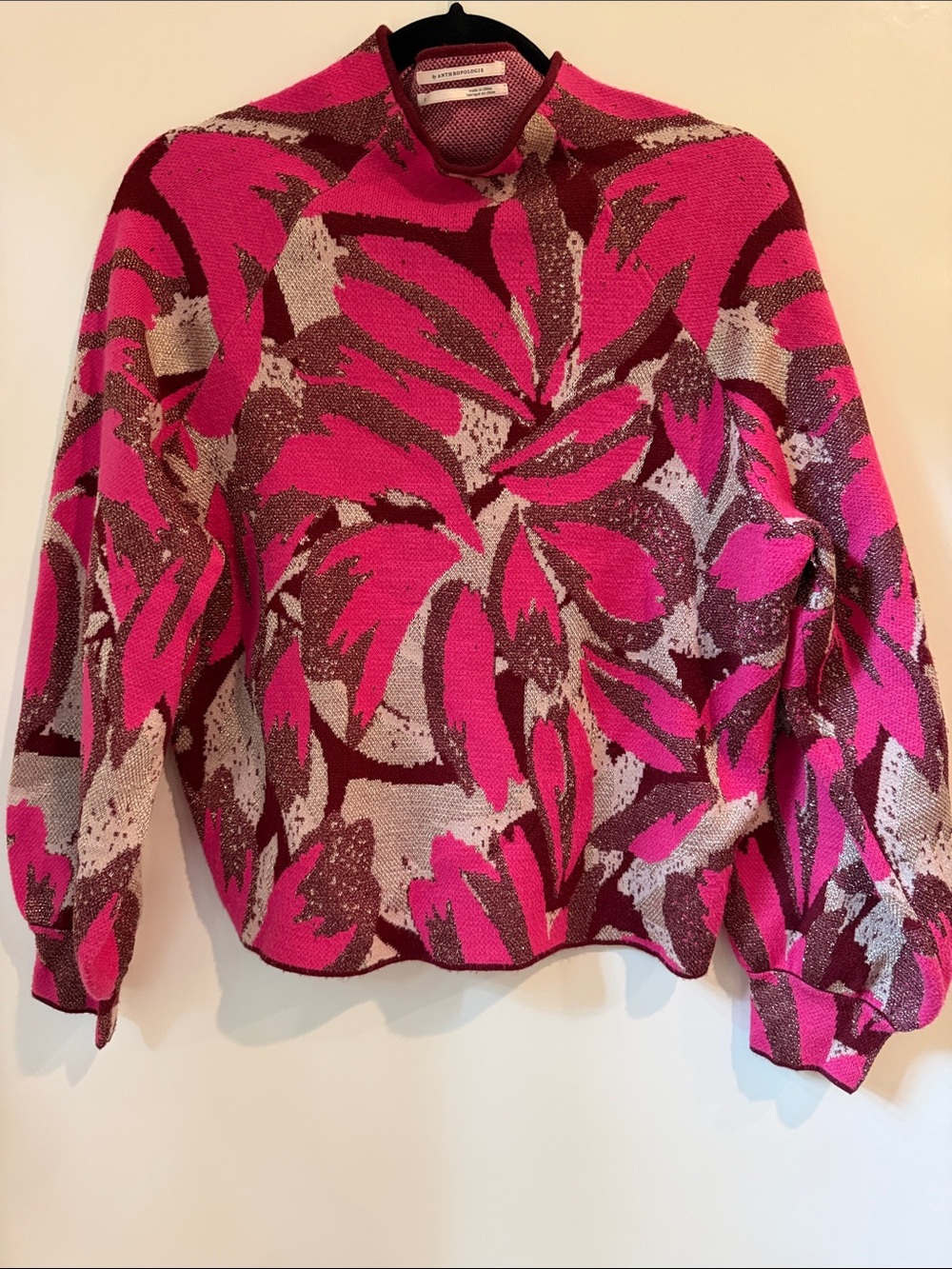 Anthropologie The Beatriz Hot Pink Meta and Brown mock Turtleneck Sweater